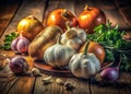 A Culinary Composition Fresh Onions and Garlic in a Night Kitchen Setting A TopDown View of Aromatic Ingredients Royalty Free Stock Photo