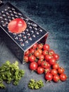 Preparation recipe tomato juice. Large tomato and old grater down to small grape cherry tomatoes on retro vintage rustic gray ston Royalty Free Stock Photo