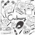 Culinary and cooking doodle of food ingredients and tool icon