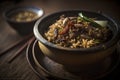 Culinary Delight: A Hearty Bowl of Rice and Meat Garnished with Sesame Seeds and Fresh Vegetables, ai generative