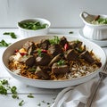 Close up of meat dish with rice and garnishments Royalty Free Stock Photo