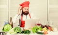 Culinary education online. Elearning concept. Man chef searching internet recipe cooking food. Chef laptop read culinary Royalty Free Stock Photo