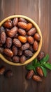 Culinary elegance Dates in a bowl on wooden backdrop