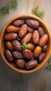 Culinary elegance Dates in a bowl on wooden backdrop