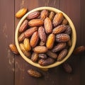 Culinary elegance Dates in a bowl on wooden backdrop