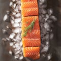 Culinary elegance Portioned salmon fillets on ice with an empty board