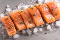 Culinary elegance Salmon fillets portioned on ice, clean kitchen board