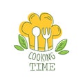 Culinary hand drawn logo original design with green leaves, orange chef s hat, fork and spoon. Cooking time lettering