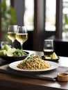 Culinary Harmony. High-Resolution Image of Thai Pad Noodles and White Wine in a Restaurant Setting