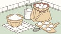 Culinary illustration showing flour, ingredients, and cracked eggs ready for baking, vector design Generative AI Royalty Free Stock Photo