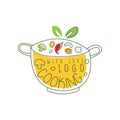 Culinary logo design with pan, fresh vegetables and cooking with love lettering. Hand drawn cookware with food. Line