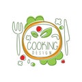 Culinary logo original design with top view dinner dish and lettering. Creative label for cafe or restaurant card, menu