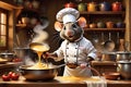 Culinary Maestro: Rat Dressed in a Professional Chef\'s Uniform Whisking a Bowl on a Wooden Kitchen Bench