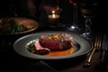 A Culinary Masterpiece. Exquisite Steak Dining on a Plate of Elegance. Generative AI