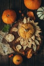 Culinary pastries, open pie with vegetables or fruits with pumpkins