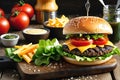 Culinary Photo: Focusing on a Sumptuous Gourmet Burger from Top View, Sesame Bun Glistening Perfectly