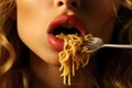 Culinary pleasure: woman\'s mouth savors Italian spaghetti