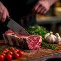 Culinary precision Chef expertly cutting a large piece of beef