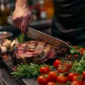 Culinary precision Chef expertly cutting a large piece of beef