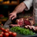 Culinary precision Chef expertly cutting a large piece of beef