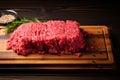 Culinary precision uncooked minced beef on a wooden butcher board