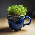 Culinary prep Dark blue cup holds home bred green cress