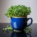 Culinary prep Dark blue cup holds home bred green cress