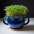 Culinary prep Dark blue cup holds home bred green cress