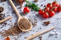 Culinary still life of assorted spices on white textured background, flat lay, close-up, selective focus. Royalty Free Stock Photo