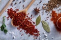 Culinary still life of assorted spices on white textured background, flat lay, close-up, selective focus. Royalty Free Stock Photo