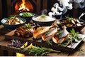 Culinary Symphony: Platter of Assorted Non-Vegetarian Dishes, Steam Rising, Aesthetically Arranged on a Rustic Wooden Table Royalty Free Stock Photo