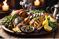 Culinary Symphony: Platter of Assorted Non-Vegetarian Dishes, Steam Rising, Aesthetically Arranged on a Rustic Wooden Table Royalty Free Stock Photo