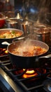 Culinary symphony Pots simmer with cooking food on a gas stove