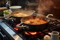 Culinary symphony Pots simmer with cooking food on a gas stove