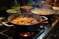 Culinary symphony Pots simmer with cooking food on a gas stove