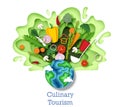 Culinary tourism concept vector illustration. Paper cut style planet Earth, fresh healthy vegetables. World cuisine.