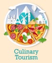 Culinary tourism vector poster, banner template. Paper cut style pizza slices and world famous landmarks composition.