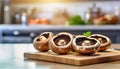 A selection of fresh vegetable: portobello mushroom, sitting on a chopping board against blurred kitchen background copy space