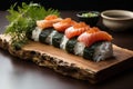 Culinary work: perfect sushi in meticulous arrangement., generative IA