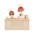 Culinary workshop. Woman and girl on kitchen. Kid in uniform professional chef makes food vector concept