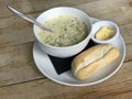 Bowl of Traditional Cullen Skink Soup of Scotland with Bread and Butter