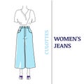 Women`s blue Culottes Jeans with loose silhouette.