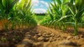 Cultivated corn field earth day concept. Generative AI Royalty Free Stock Photo