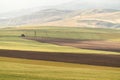 Cultivated farm fields in the foothills