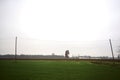 Cultivated field on a cloudy day with a tree framed by an over head electricity cable in the distance Royalty Free Stock Photo