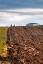 Cultivated field freshly ploughed by sunny day