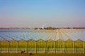 Cultivated field. land used for agricultural production in geometric greenhouses arranged in many rows