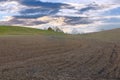 cultivated plowed field at dusk under cloudy sky Royalty Free Stock Photo