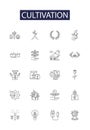 Cultivation line vector icons and signs. Growing, Agriculture, Culturing, Raising, Breeding, Tillage, Tending, Hoeing