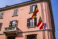 Cultrual diversity on display in the China Town district of Milan with the flying flags from around the globe. Royalty Free Stock Photo